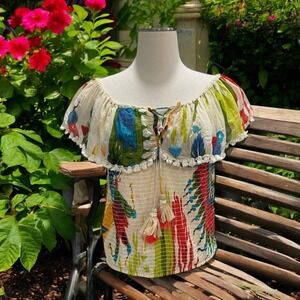 NJ Couture Colorful Smocked Off-Shoulder‎ Boho Top M/L Tassel Tie Ruffled Floral